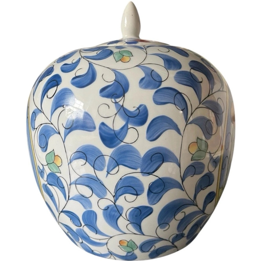 Rooster Ceramic Ginger Jar Blue White Finial Lid Italian Folk Art Farmhouse - Picture 2 of 6